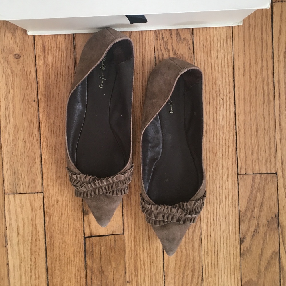 Elizabeth and James Jessi Pointed Toe Ruffle Suede Flat in Olive Taupe 9M